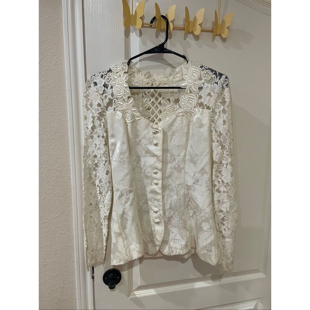 Vintage 90s Scott McClintock Ivory Lace Floral Jacquard Top Victorian Cottagecor